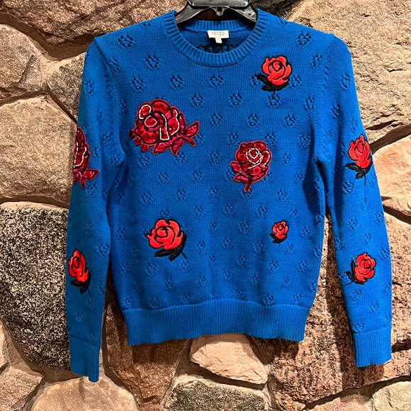 Kenzo Rose Embroidered Blue Knitted Sweater